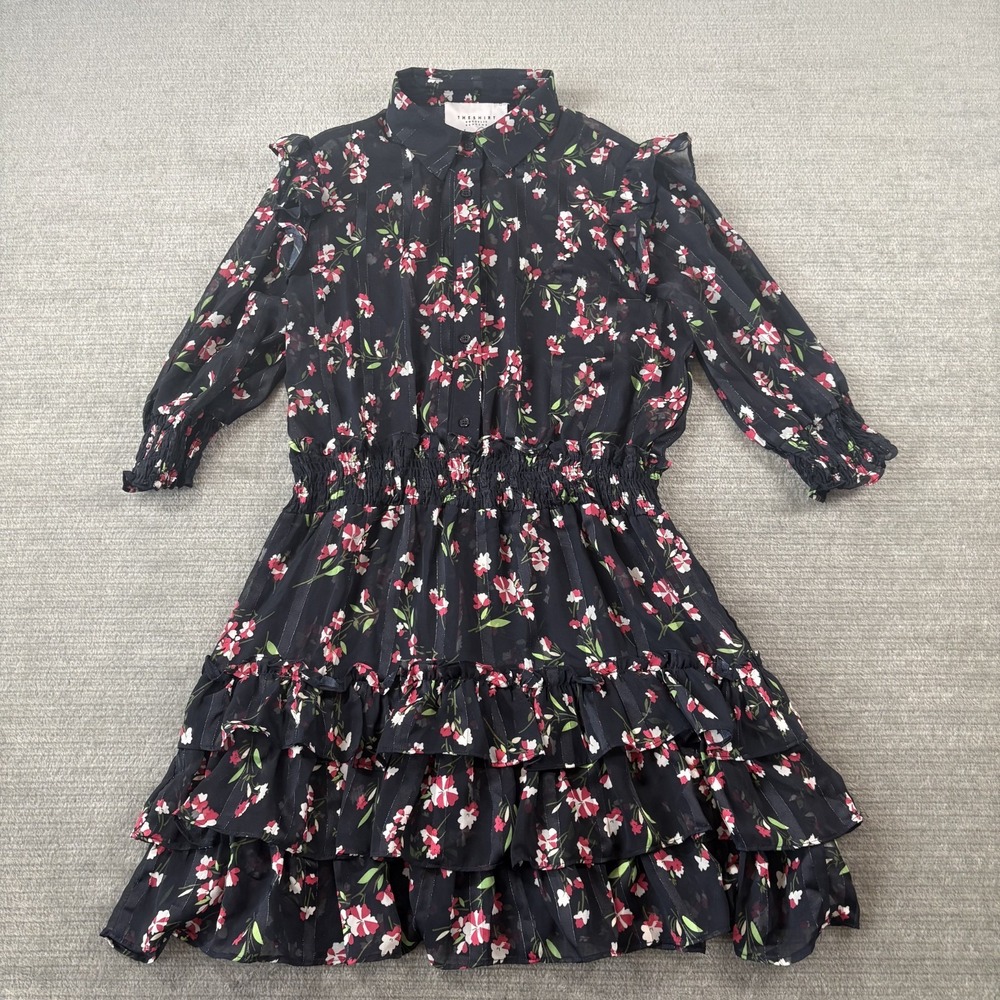The Shirt Rochelle Behrens Mini Dress M Blue Floral Ruffle Sheer Dark Romantic